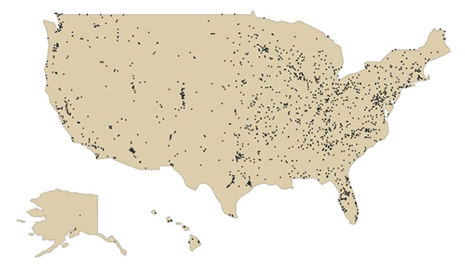 Map of the United States with lots of small black circles that represent component manufacturer locations